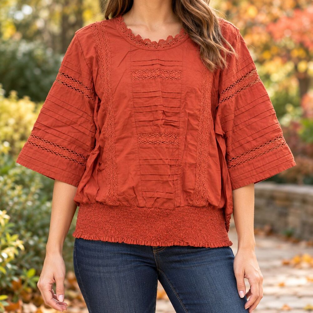 Broadway 38 Rust Boho Blouse Women’s L Lace Pintuck Wide Sleeve Smocked Hem